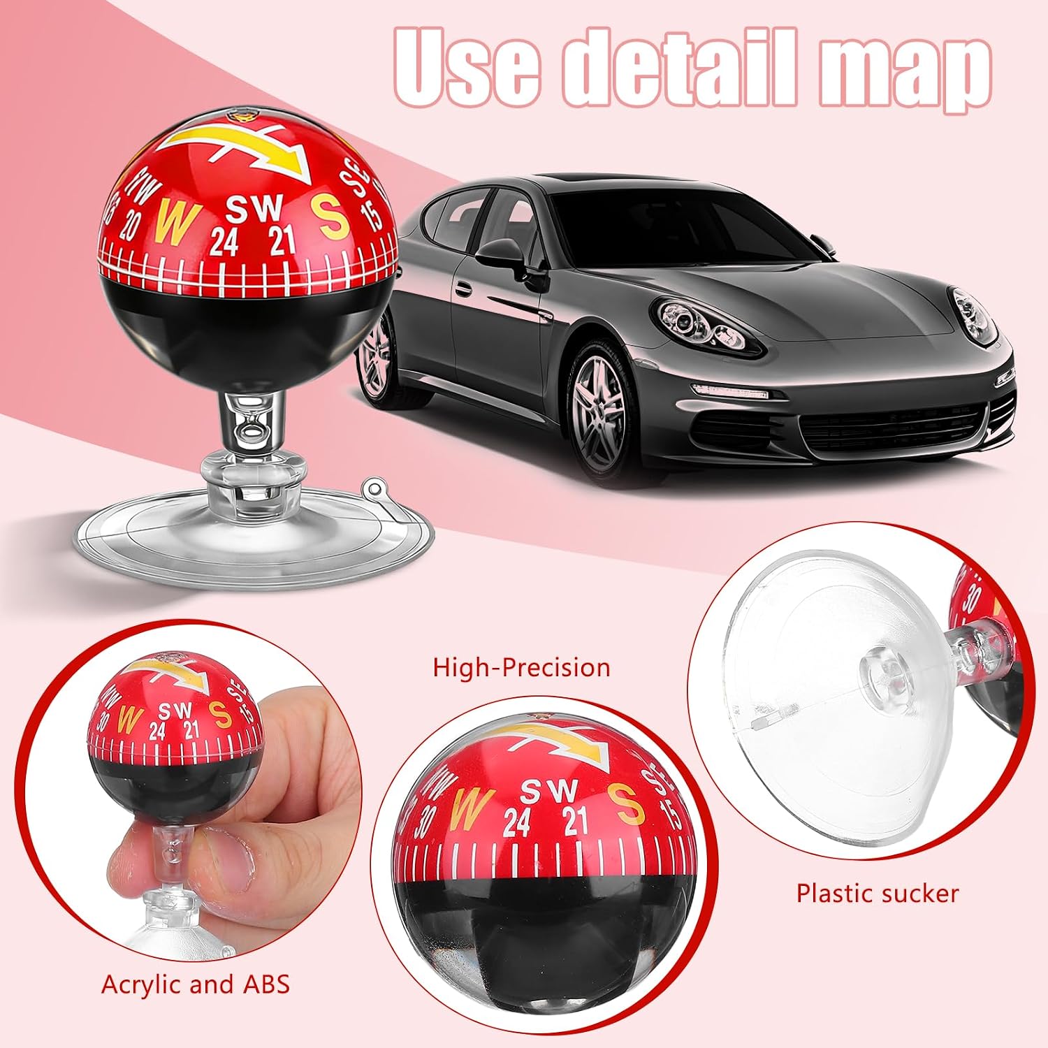 Automotive Dashboard Compass Ball with 38mm Suction Cup, Portable Plastic Vehicle Compass for Car, Truck, Boat Navigation and Outdoor Hiking