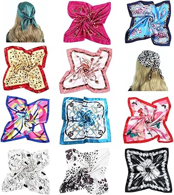 QUUPY 10 Mixed Silk Square Scarf Womens Bandana Hand Head Hair Scarfs Handbag Wraps Sleeping Headscarf Headdress Shawl 50x50cm