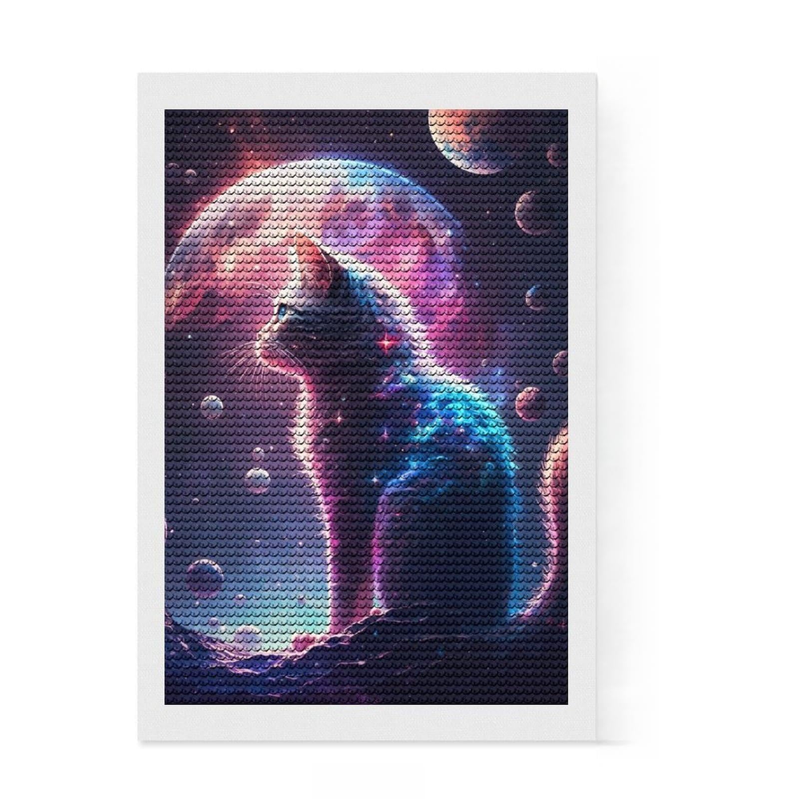 Junmoney Cosmic Cat Diamond Art Canvas 8"x12", Sparkling Round Gems, Neat Printed Canvas, with Tool Kit, Office Decor, Printed Canvas