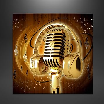 Biuteawal Music Wall Art Painting Gold Metal Microphone and Headset Musical Note Picture Print on Canvas Modern Home Studio Living Room Decor Stretched and Framed Ready to Hang 24x24inch