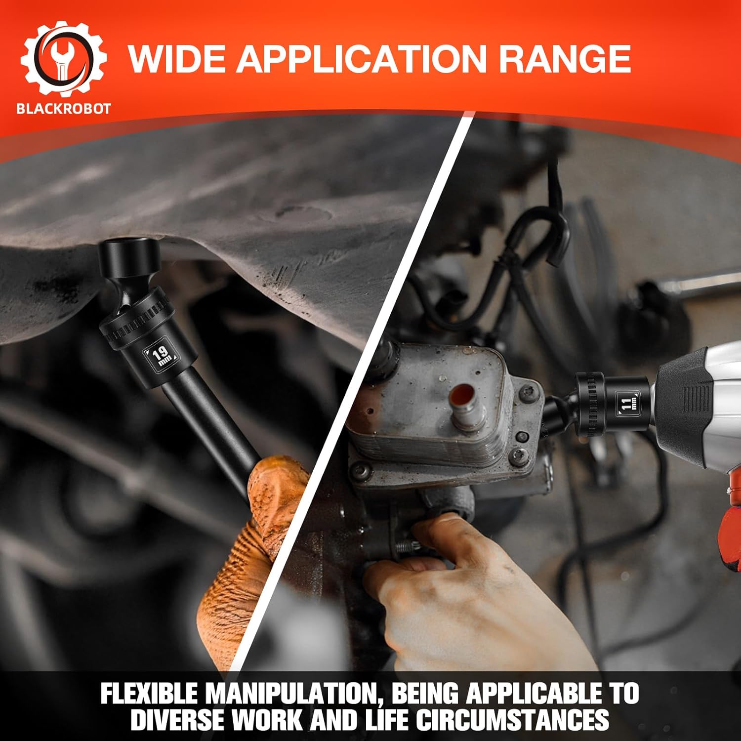 BLACKROBOT 1/2" Drive Swivel Socket Set, 10 Pieces Shallow Universal Impact Socket Set, Metric(10-19mm) Flexible Wobble Socket Set, 6 Point, CR-MO