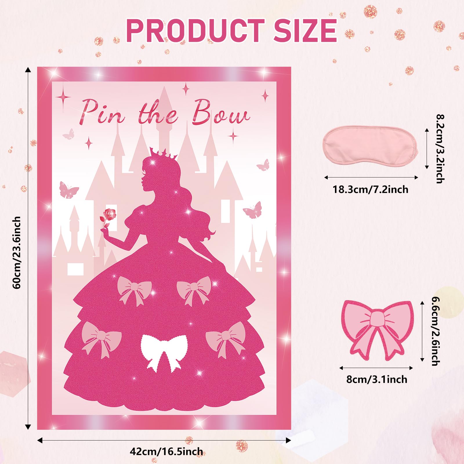 Pin the Bow Partyspiel für Mädchen, Rosa Mädchen Prinzessin Poster mit 24 Schleifen-Aufklebern, Kinder Teens Geburtstag Party Supplies Dekorationen, Sleepover & Dress-Up Aktivität - A2 Poster