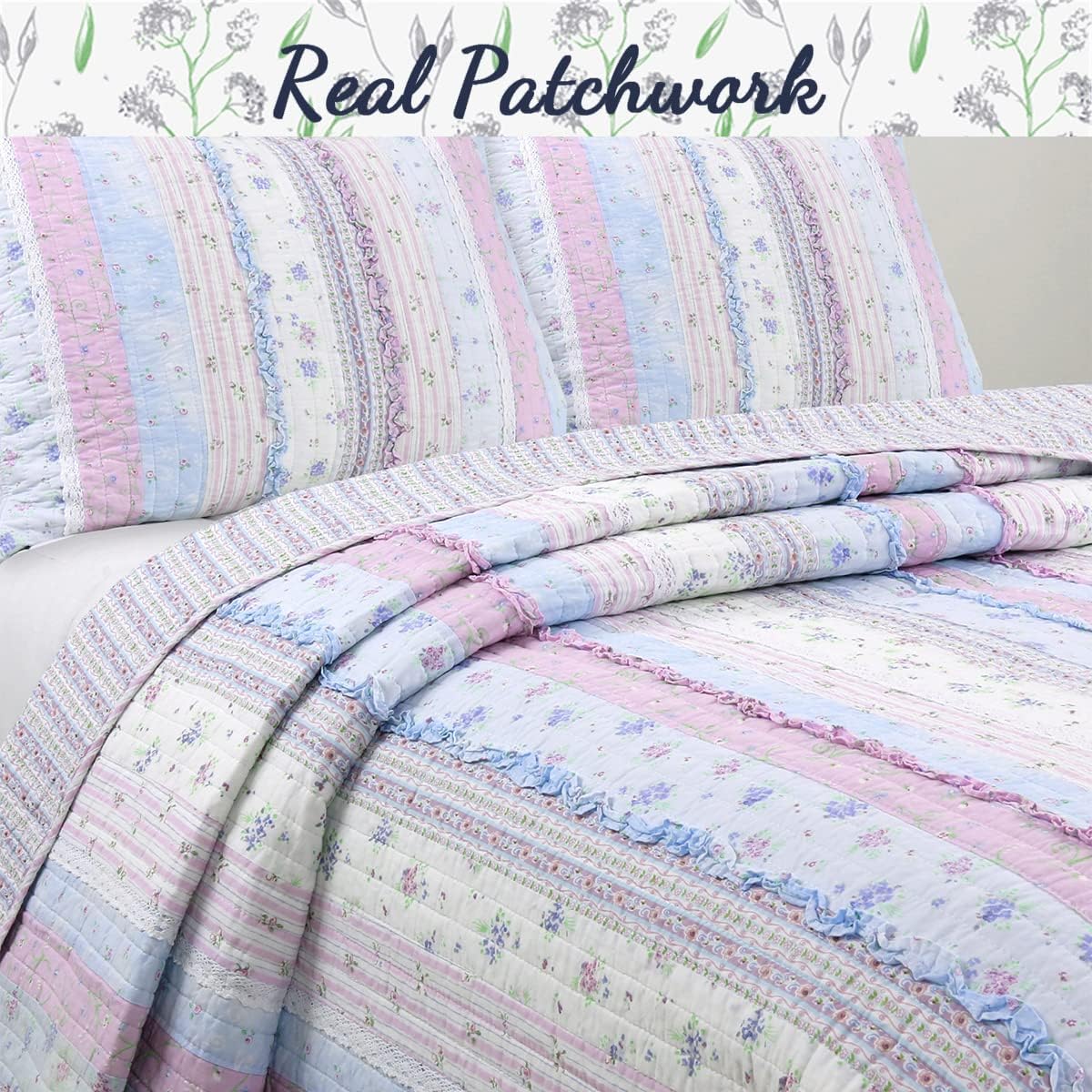 Lavender and Blue Cotton Reversible Full Quilt Set