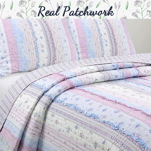 Miniatura 2 de Cozy Line Home Fashions Raelynn - Juego de ropa de cama romántica de algodón 3D con estampado de orquídea azul lavanda y flores a rayas, colcha