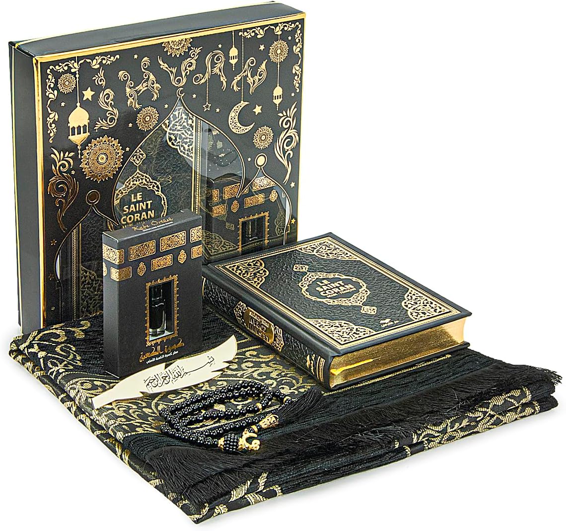 ihvan online Prayer Gift Set for Hajj and Umrah, Muslim Prayer Rug, Prayer Mat, Beads Taasbih, Holy Quran Translated French, Muslim Praying Mat, Islamic Gift Set for Ramadan & Eid, Black