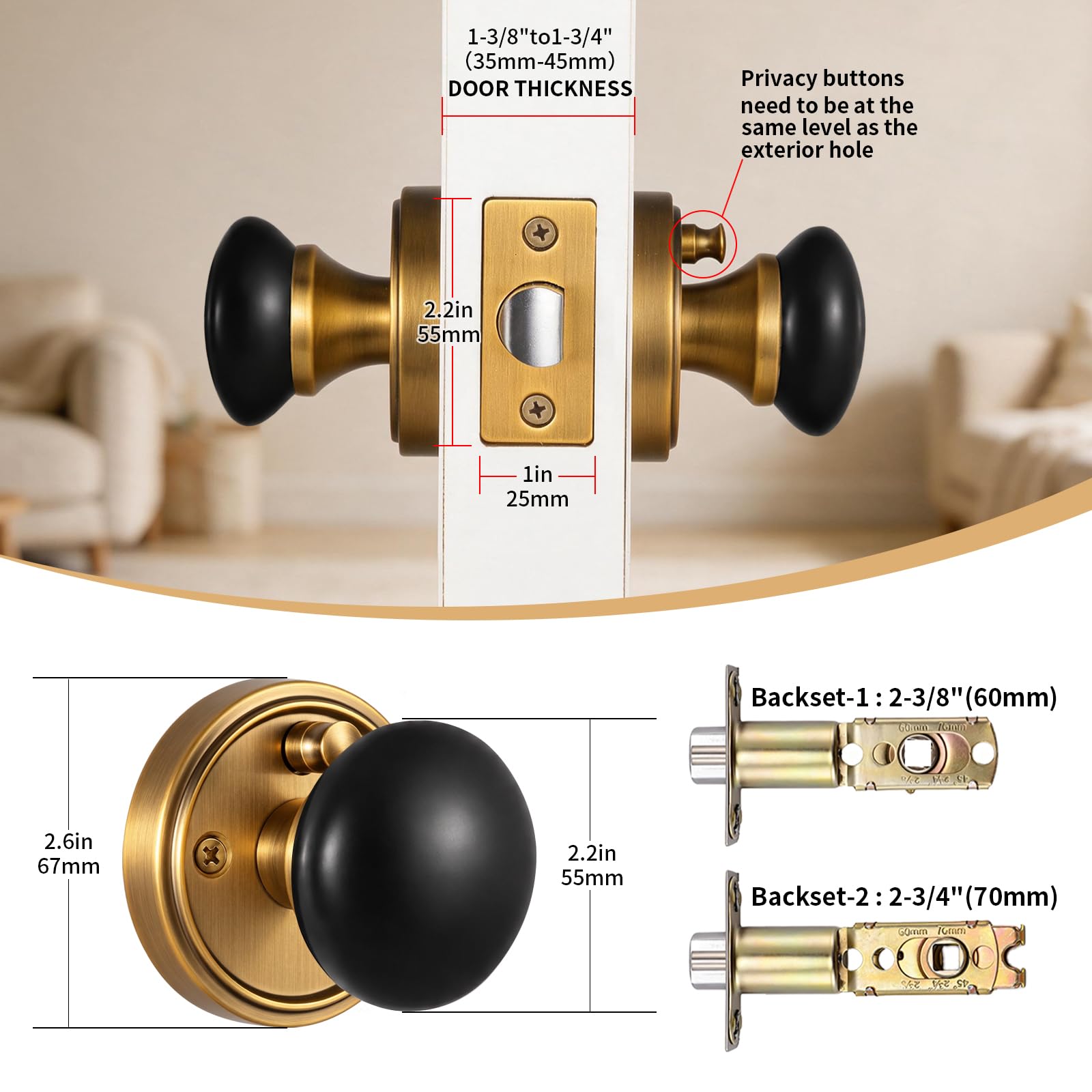 Black Porcelain Door Knobs - Antique Brass -2