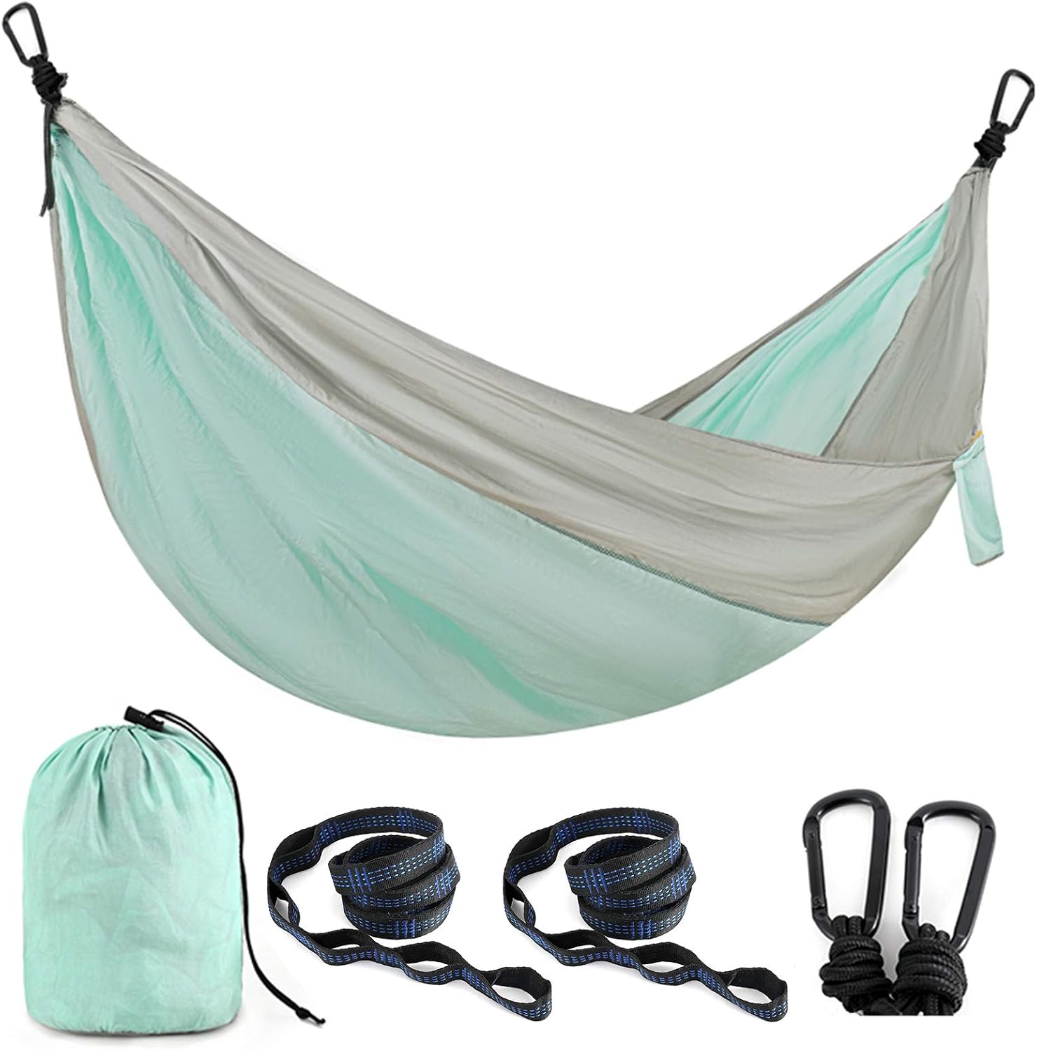 Single & Double Camping Hammock with 2 Tree StrapsLightweight Portable Parachute Nylon Hammock Set for Travel, Backpacking,Beach,Yard and Outdoor Survival (Silver Grey/Mint Green, Twin)