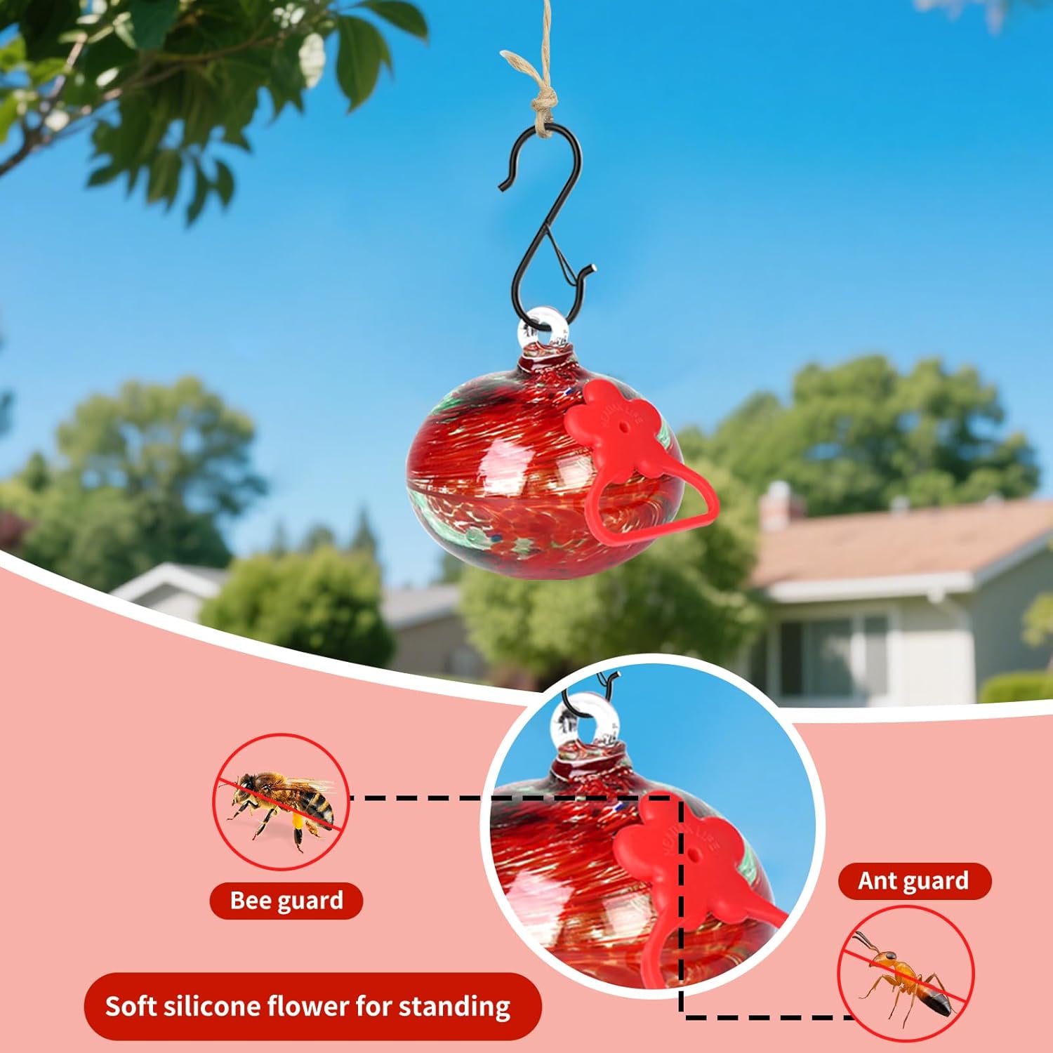 Set of 3 Hummingbird Feeders for Outdoors Hanging,Hand-Blown Glass Hummingbird Feeder with Silicone Feeding Perch,Never Leak,Gardening Gifts for Woman Man(Red)