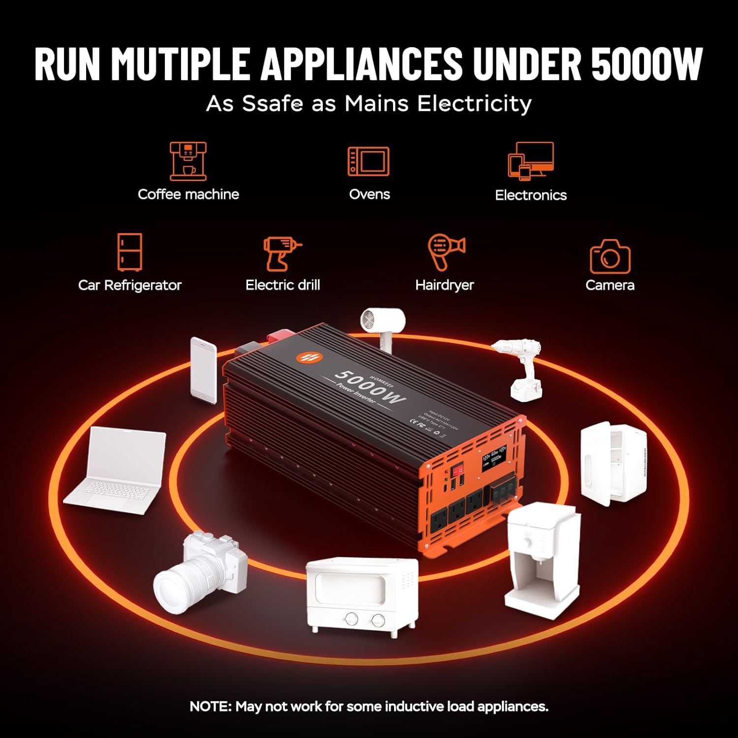 5000 Watt Power Inverter 12V DC to 110V/120V AC Converter Peak Power 10000W Car Inverter with LCD Display 3 AC Outlets, 2 USB & Type-C Port for RV,Truck,Off-Grid Solar System with Remote Controller