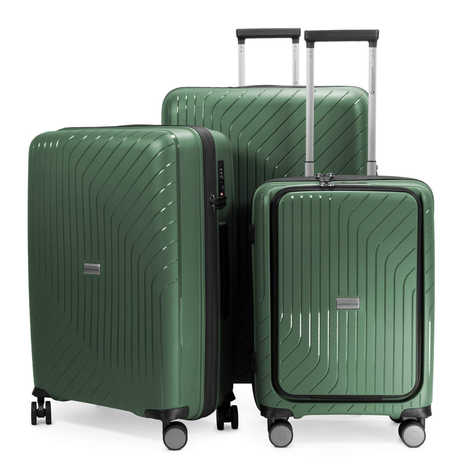 Hauptstadtkoffer TXL Zestaw Walizek 3 Sztuki S M L, Twarde Walizki z Zamkiem TSA, Zestaw Trolley 4 Kółka, Walizka Kabinowa 55 cm z Kieszenią na Laptop, Ciemnozielony