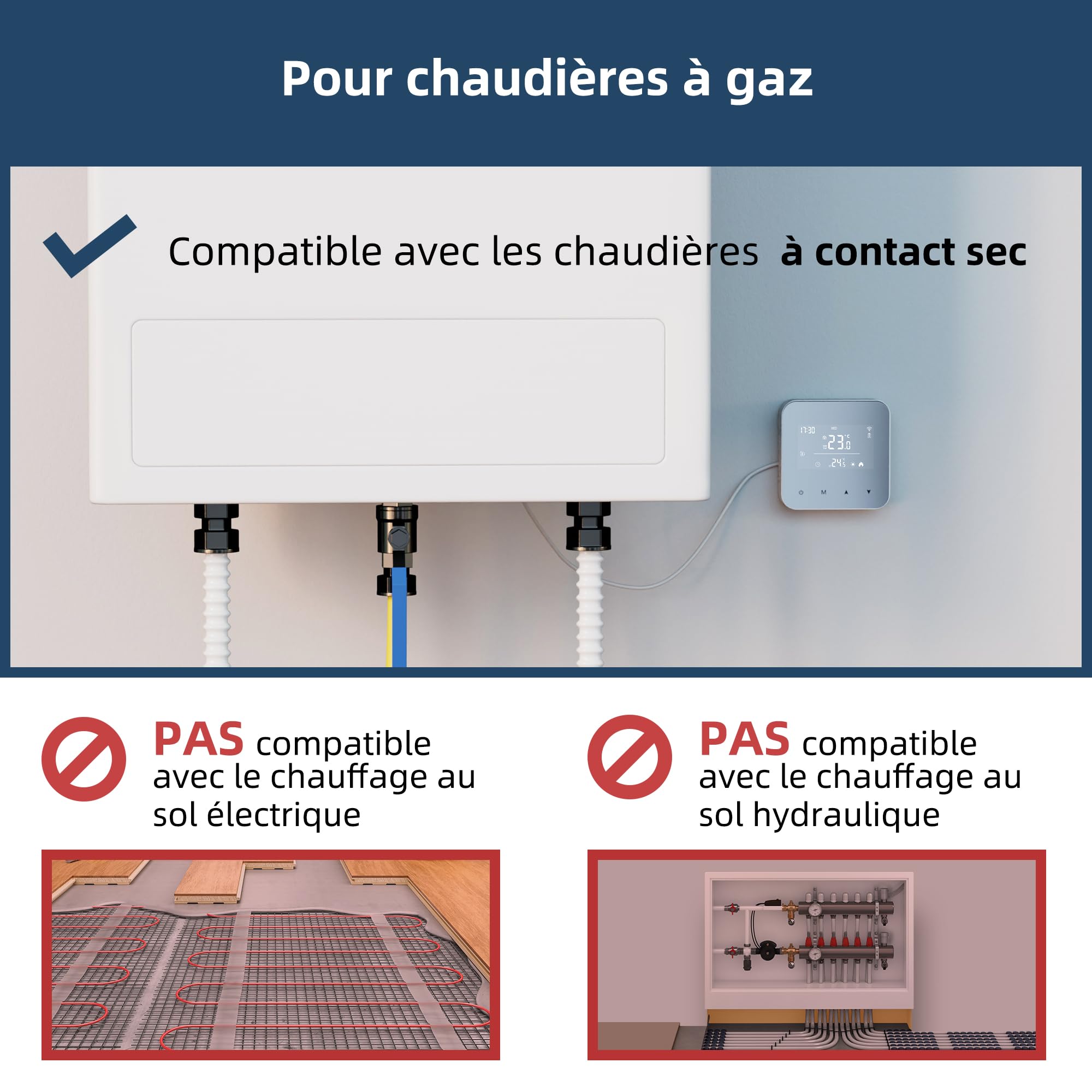 Beok Thermostat WiFi pour chaudières gaz et fioul,Thermostat Mural à 2 Fils,Programmation Quotidienne,Alimentation par Pile ou USB,Compatible avec Tuya Smart APP,Alexa