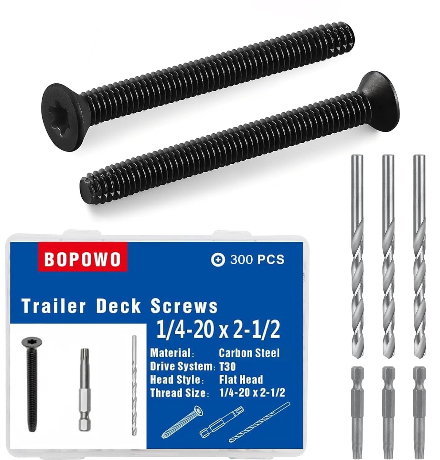 (300pcs) 5/16-18 x 2-1/2" Flat Head Thread Cutting Trailer Deck Screws, Black Phosphate, Package Contains T40 Star Drivea and 9/32 Drill bit