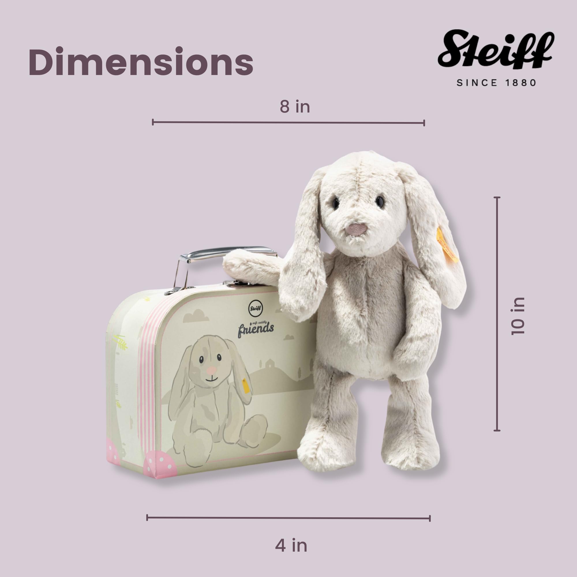 Steiff Kuscheltier Hoppie Hase im Koffer, Süßes Stofftier mit Kunststoffaugen, Kinder, Jungen & Mädchen, Friends, Plüschtier 26 cm, Hellgrau, 080968