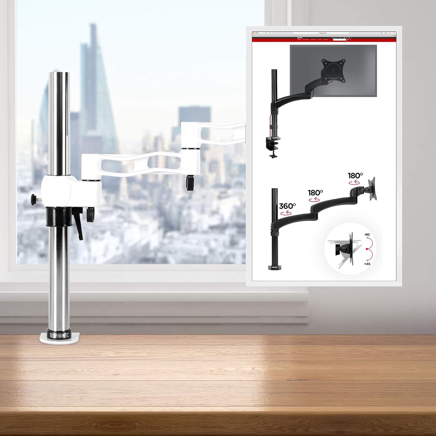 Duronic Single Monitor Arm Stand DM351X3 WE | PC Desk Mount | White | Aluminium | Height Adjustable | for One 13-27 inch LED LCD Screen | VESA 75/100 | 17.6lbs | Tilt +15°/15° Swivel 180° Rotate 360°