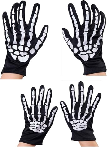 Skeleton Gloves, 2 Pairs Set Bone Pattern Design for Men Women, Reaper Skull Gloves for Scary Halloween Costumes Black and White