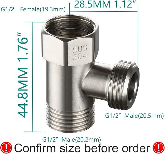 Tecmolog 3-way Tee Connector Stainless Steel T Adapter G 1/2 T Valve Diverter for Bathroom Shower Arm, Angle Valve Hose, SBA020A