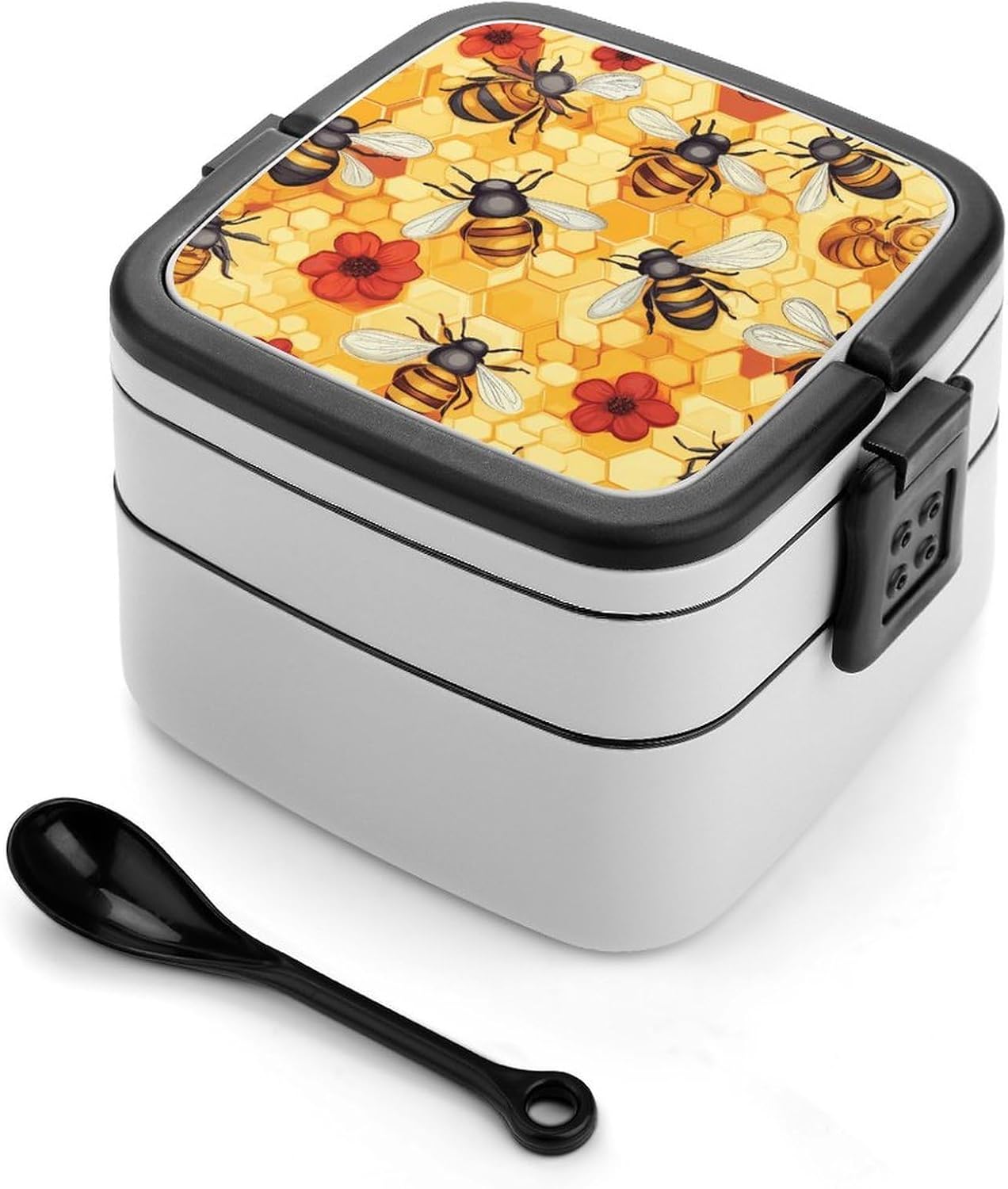 Bees Honeycomb Flowers Bento Box with Spoon 2 Layer Food Container Cute Lunch Box for Travel Dining Work
