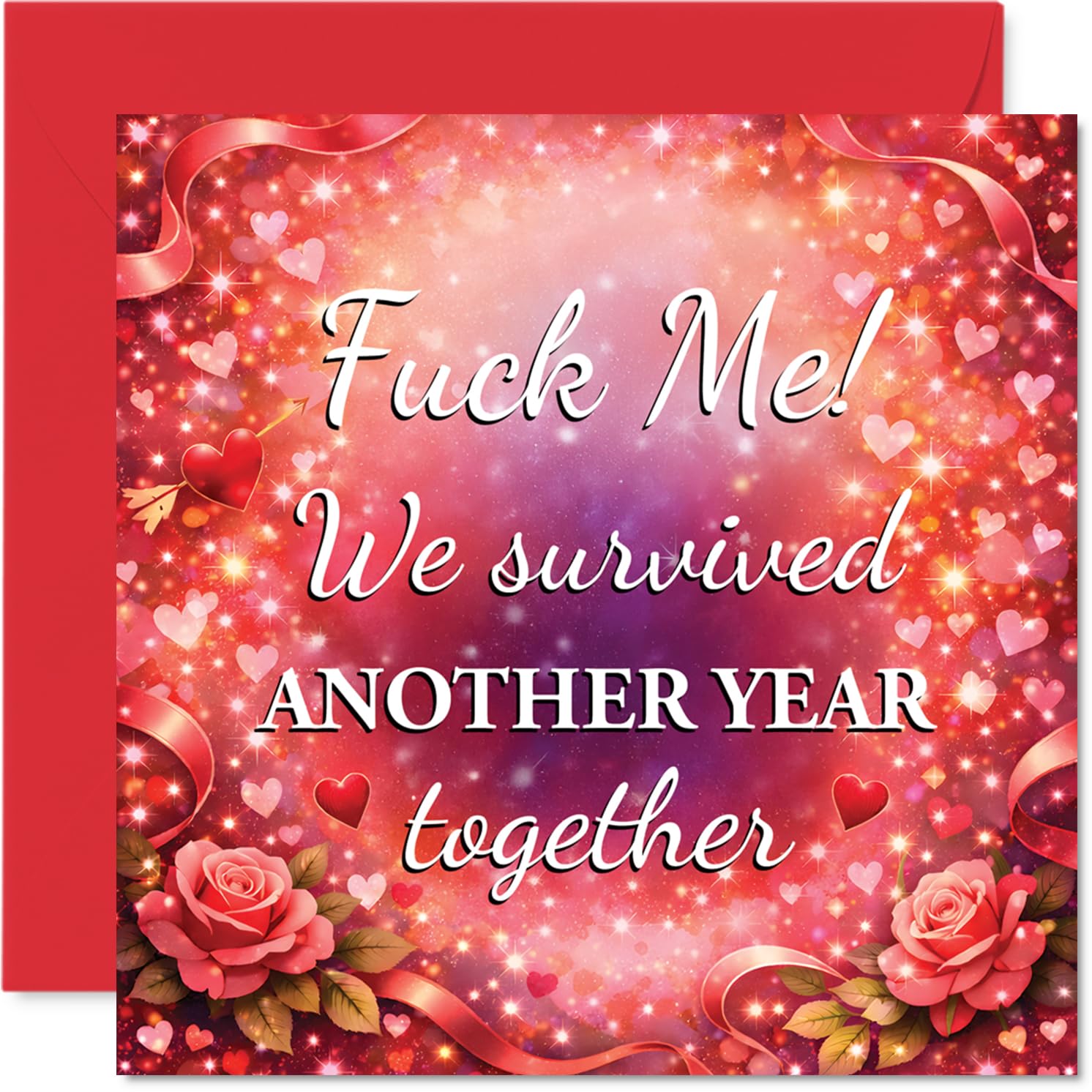 Cheeky Anniversary Card - Survived Another Year Together - Playful Hearts and Roses in Bold Pinks and Reds, Valentine's Day - 145mm Square, Envelope Included