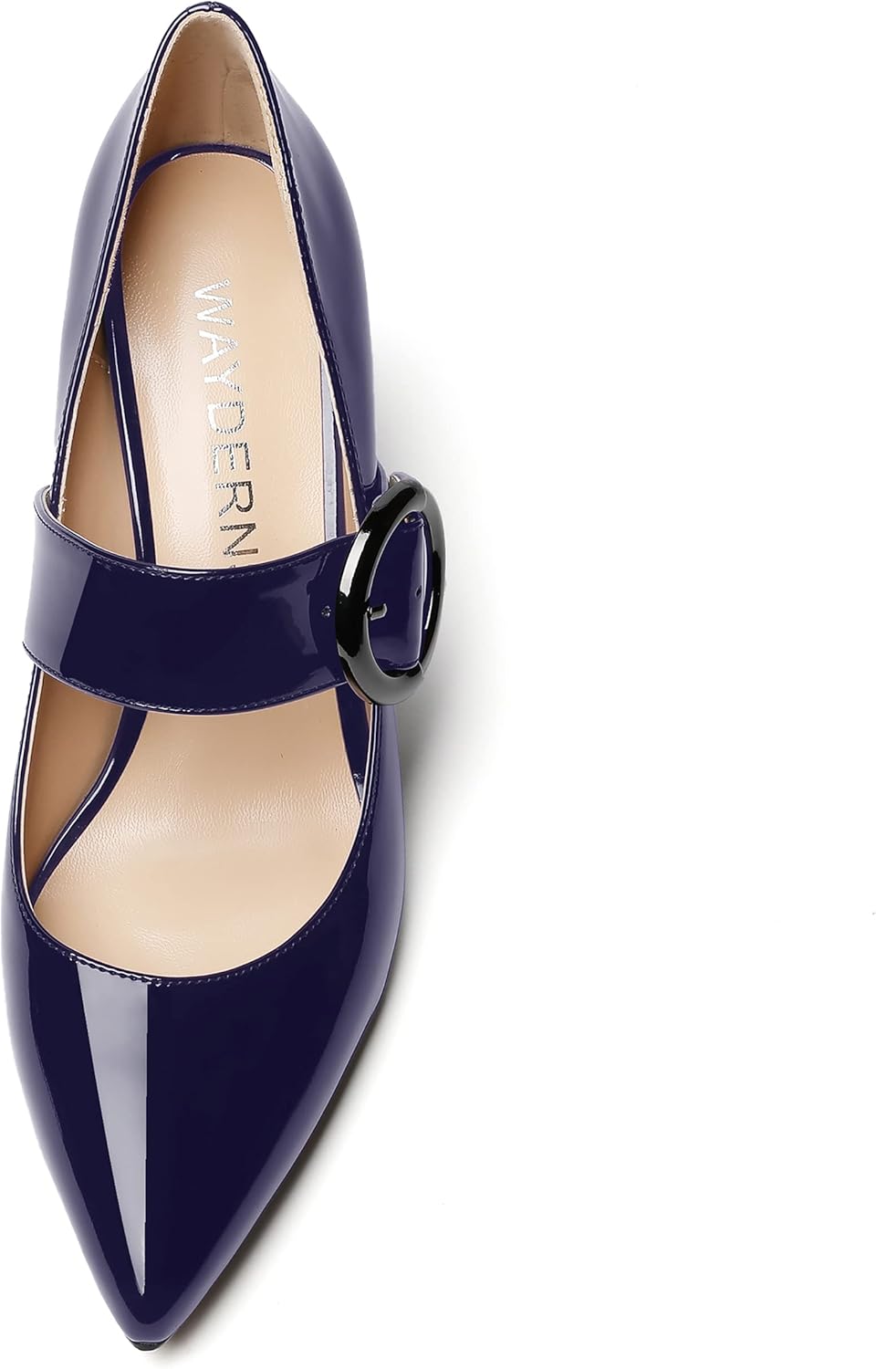 WAYDERNS Women's Pointed Toe Wedding Mary Jane Dress Adjustable Strap Circle Buckle Patent Solid Block High Heel Pumps Shoes 3.3 Inch