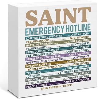 Christian Gifts for Women Men, Catholic Decor, Home Office Desk Decoration | Saint Emergency Wood Block Sign 5 x 5 Inches