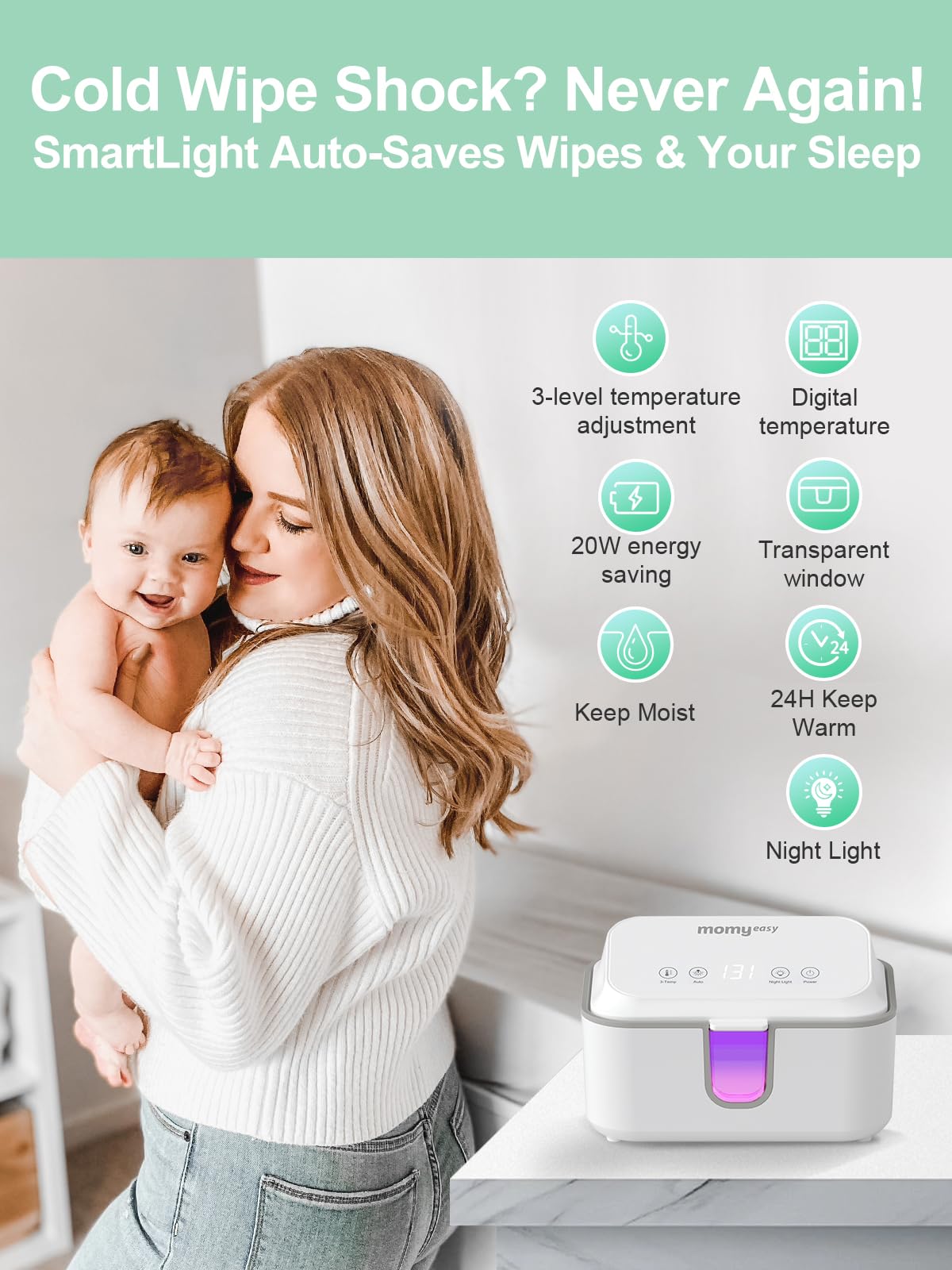 MOMYEASY Chauffe-lingettes pour bébé, distributeur de lingettes de grande capacité avec 3 modes de température, chauffe-couches chauffant uniforme avec veilleuse pour bébés/adultes
