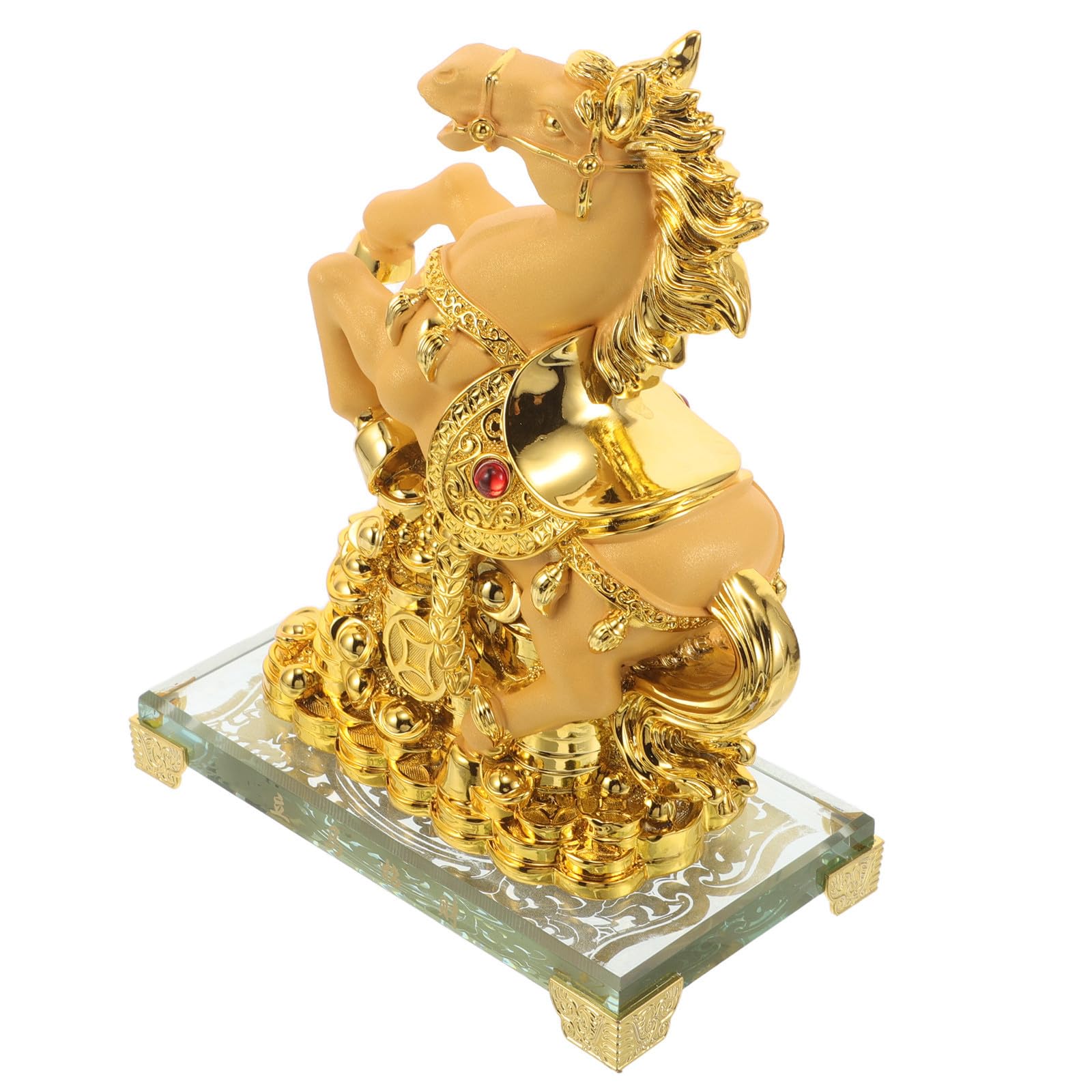 BESTonZON Chinesische Feng Shui Pferdestatue aus Kunstharz in Gold mit Lebensechten Details und Platzsparendem Design für Wohnzimmer und Frühlingsfest Dekoration