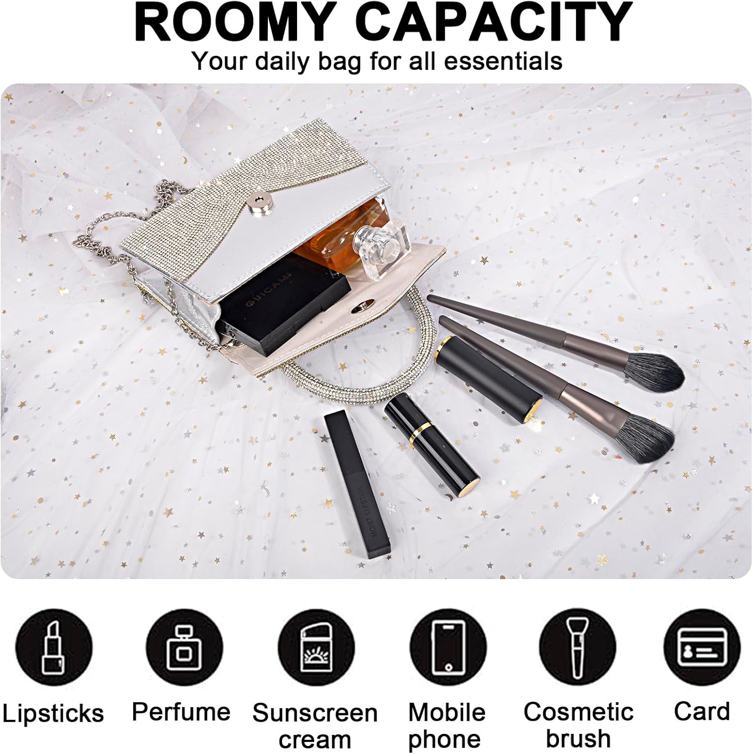 QZUnique Rhinestone Purse Clutch for Women - Sparkly Glitter Evening Handbags, Silver Bags for Dressy Party Wedding Engagement Prom - Image 5