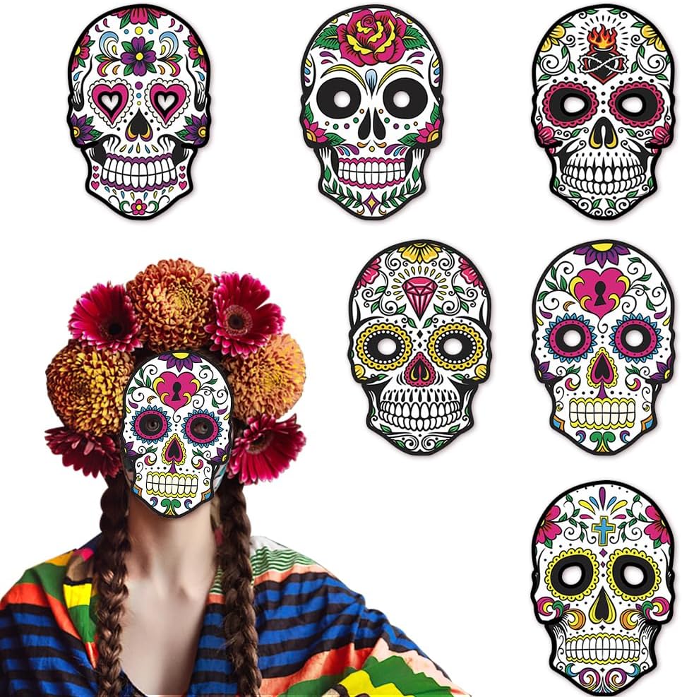 ALIBBON 6 Pcs Day of The Dead Mask Paper Sugar Skull Mask Full Face Mask with Elastic String Halloween Party Supplies