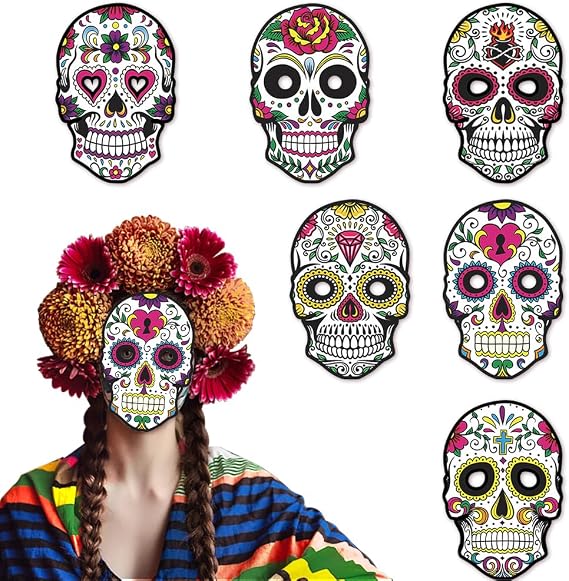 6 PCS Sugar Skull Halloween Masks, Dia de los Muertos Costume Masks for Party Photo Booth Props
