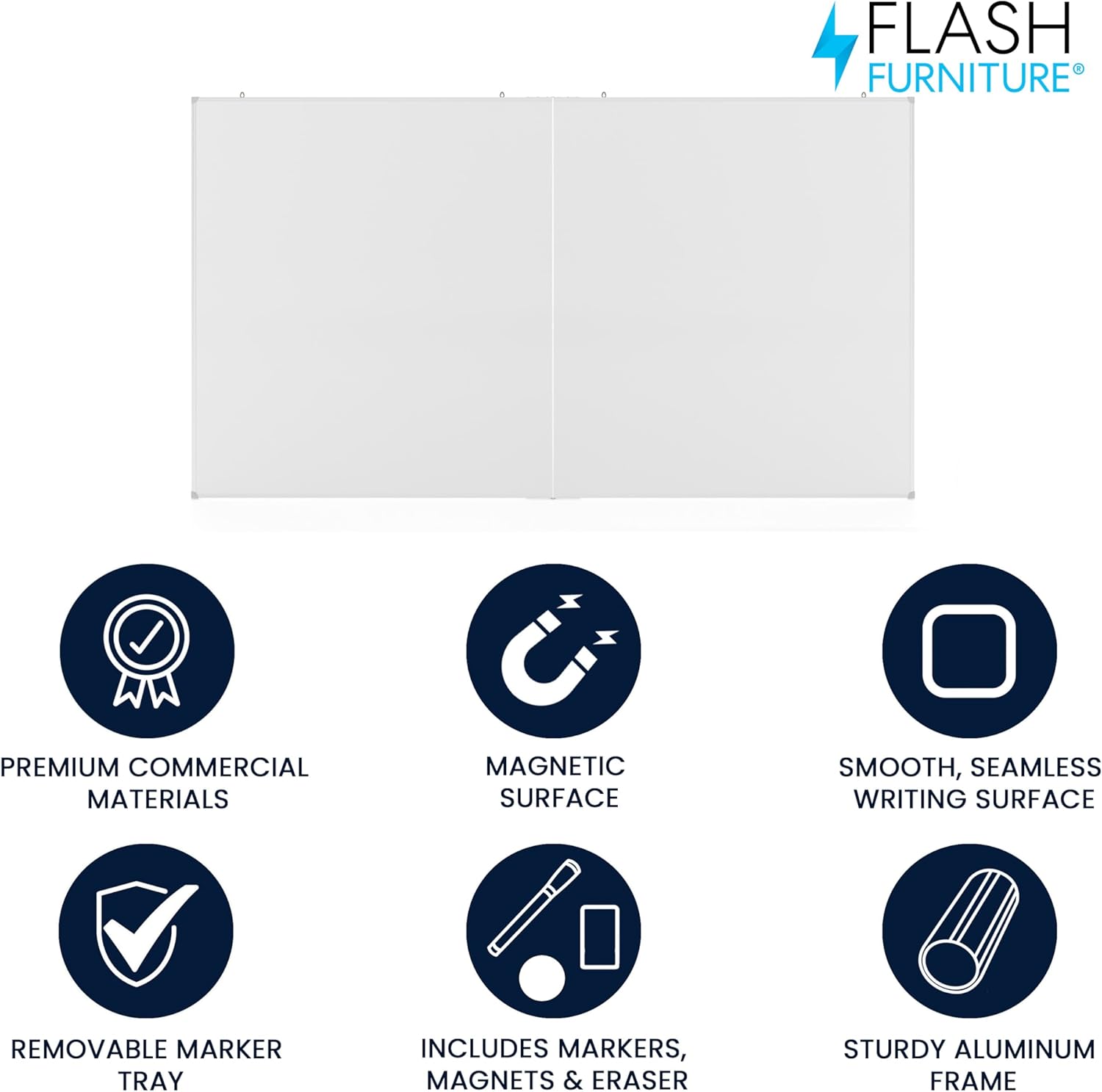 Flash Furniture Hercules Commercial Magnetic Dry Erase Board, Aluminum Whiteboard with Wall Mount, Marker Tray, Eraser, 3 Markers, 6 Magnets, 72" x 40"