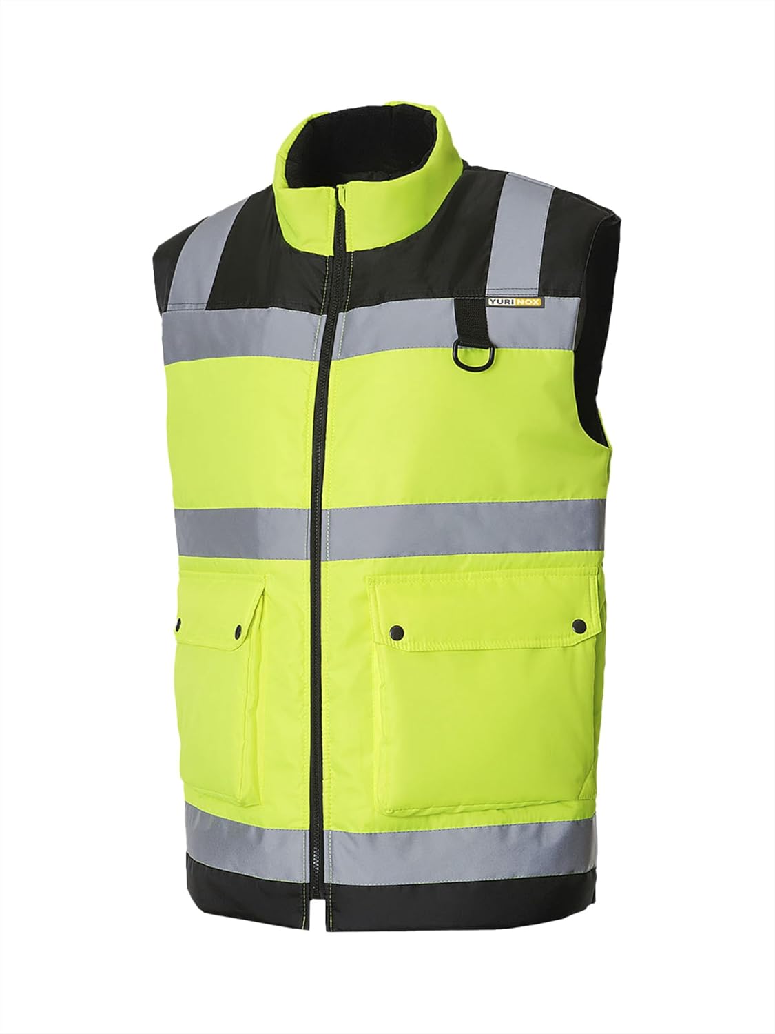 High Visibility Insulated Vest for Men & Women Winter Black and Lemon Reflective Tape Central Zipper