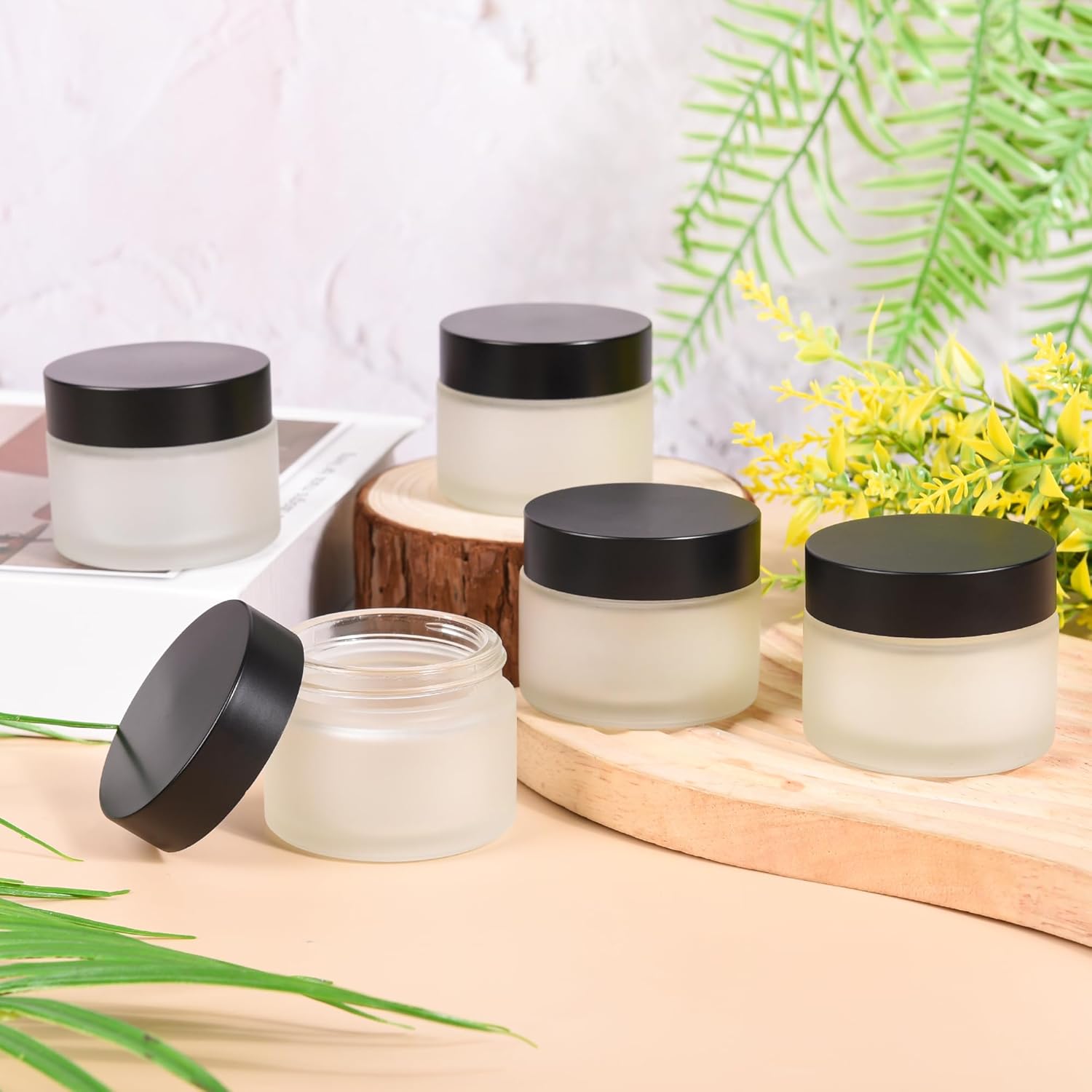 BILLIONSTARS 50g White Frosted Glass Cream Jars with Black Lid - Airtight Cosmetic Containers for Face Cream, Body Lotion, DIY Skincare Packaging, BPA-Free (Set of 24) (White Frosted, 1.7oz)