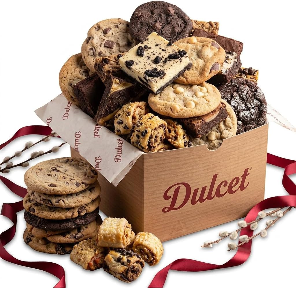 Dulcet Gourmet Cookie & Brownie Gift Basket โ Freshly-Baked Bakery Gift Box with Gourmet Treats Assortment โ Delicious Baked Treats for Gifting, Movie Night, Snacking, and Desserts