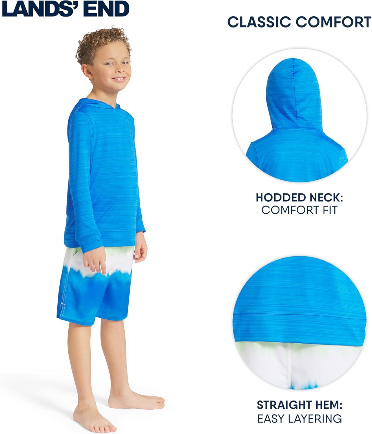 Lands' End Boys' Swim UPF 50+ Long Sleeve Hooded Sun Tee Rash Guard Shirt