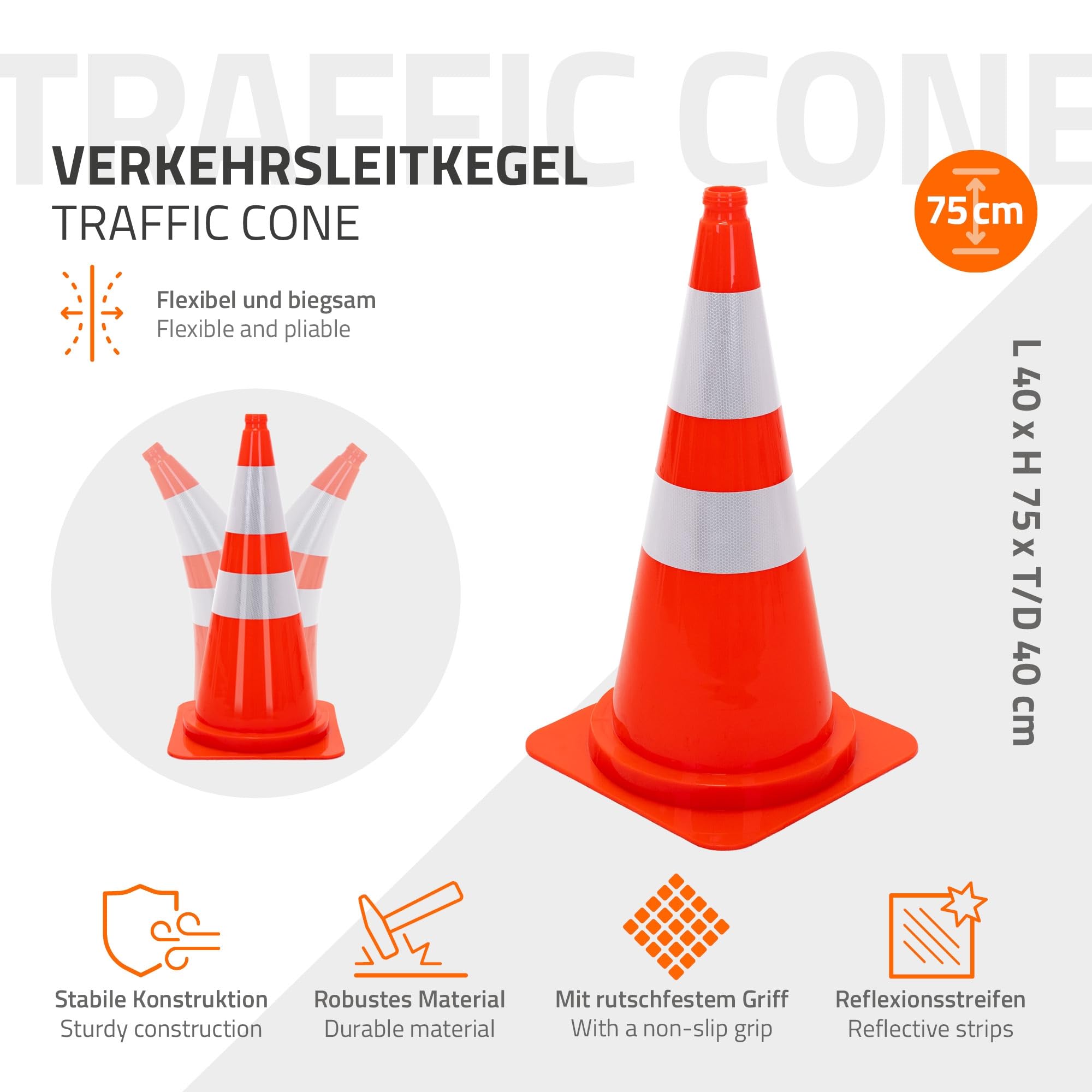 ECD Germany 3x Conos de Señalización 75 cm, Pilón de Tráfico Apliable Naranja con 2 Bandas Reflectantes y Muesca para el Dedo, Pieza Robusta para Advertencia de Seguridad, Emergencia, Entrenamiento