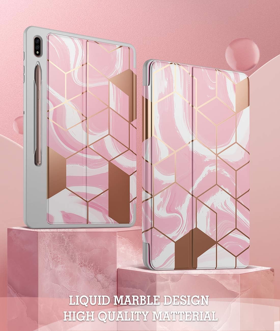 Popshine Marble Series for Samsung Galaxy Tab S7 Plus / S8 Plus Tablet Case, 12.4 Inch, Full Body Premium Protective Folio Cover with S Pen Holder, Liquid Marble Pink