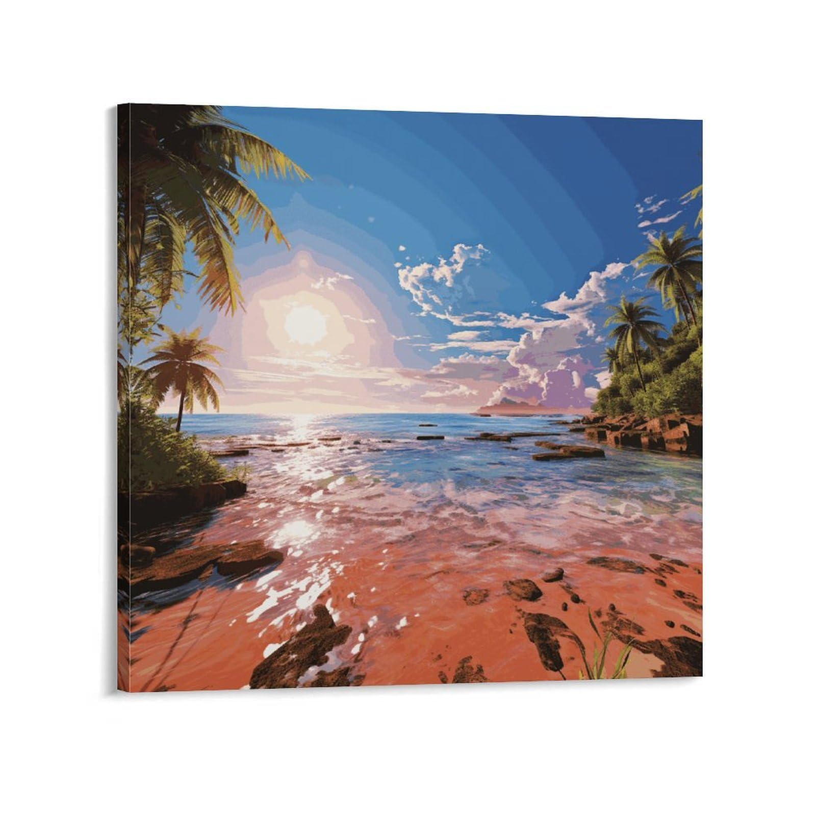 Summer Beach with Palm Trees Canvas Wall Art for Bedroom 28x28inch(70x70cm) Canvas Prints Artwork for Walls Modern Picture Artwork Painting for Living Room Aesthetic Wall Paintings for Bathroom Kitche