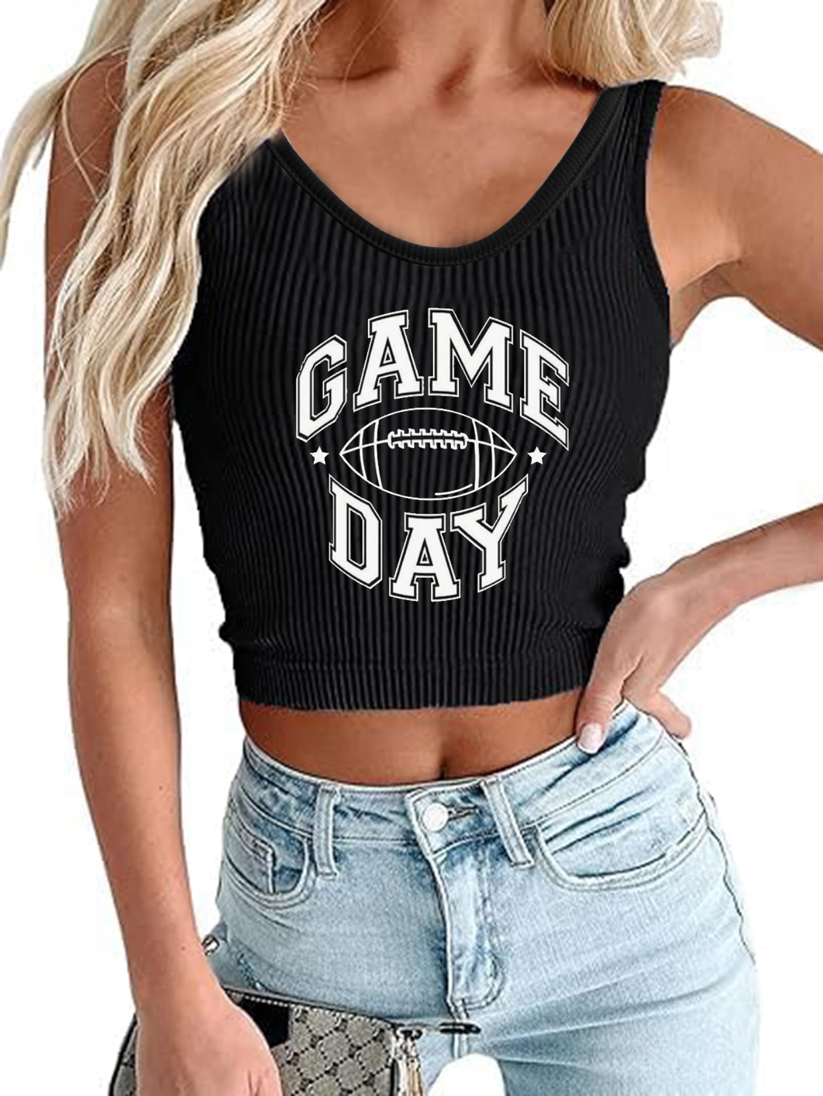 Football Crop Tank Tops for Women Game Day Crop Top Y2k Ribbed Knit Crop Tops Weekends Sports Tanks Shirts