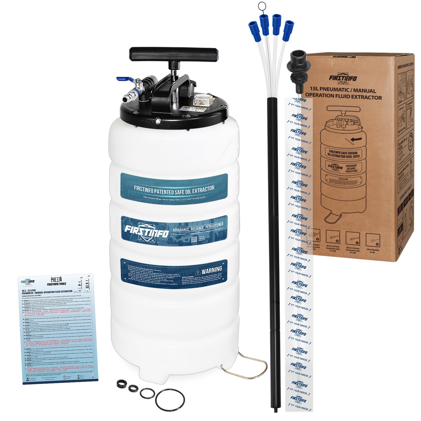 FIRSTINFO Estrattore Olio Pneumatico/Manuale 15L, Prodotto a Taiwan, con Manometro, 5 Tubi di Aspirazione, Sonda Ultra Sottile 3,5 x 4,5 mm, A1106EUY5