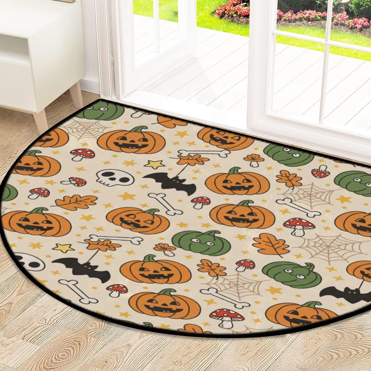 Große halbrunde Fußmatte – Kürbisknochen, Halloween, saugfähig, rutschfest, halbrund, Eingangsbereich, niedlich, weich, halbrund, waschbar, Teppich für Küche, Badezimmer, Schlafzimmer, 160 x