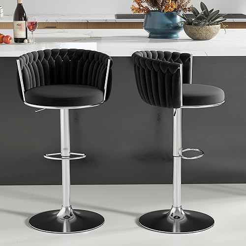 Miniatura 48 de Juego de 2 taburetes de bar dorados ABET, taburetes de bar de terciopelo giratorios, taburetes de altura ajustable con respaldo tejido, taburetes de