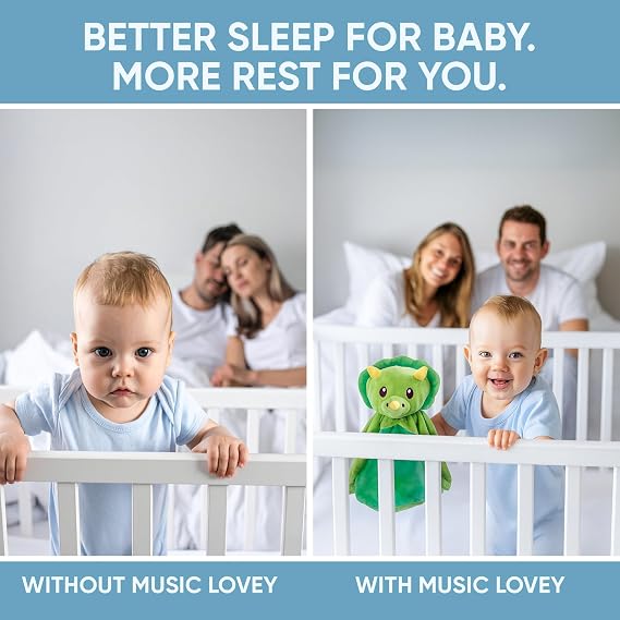Love By Emi - White Noise Lullaby Baby Sleep Soother Lovey - Plush Baby Sleep Aid Animal Toy - Lullaby Sound Machine & Pacifier Clip - Stuffed Animal with Heartbeat - Green Dinosaur Security Blanket