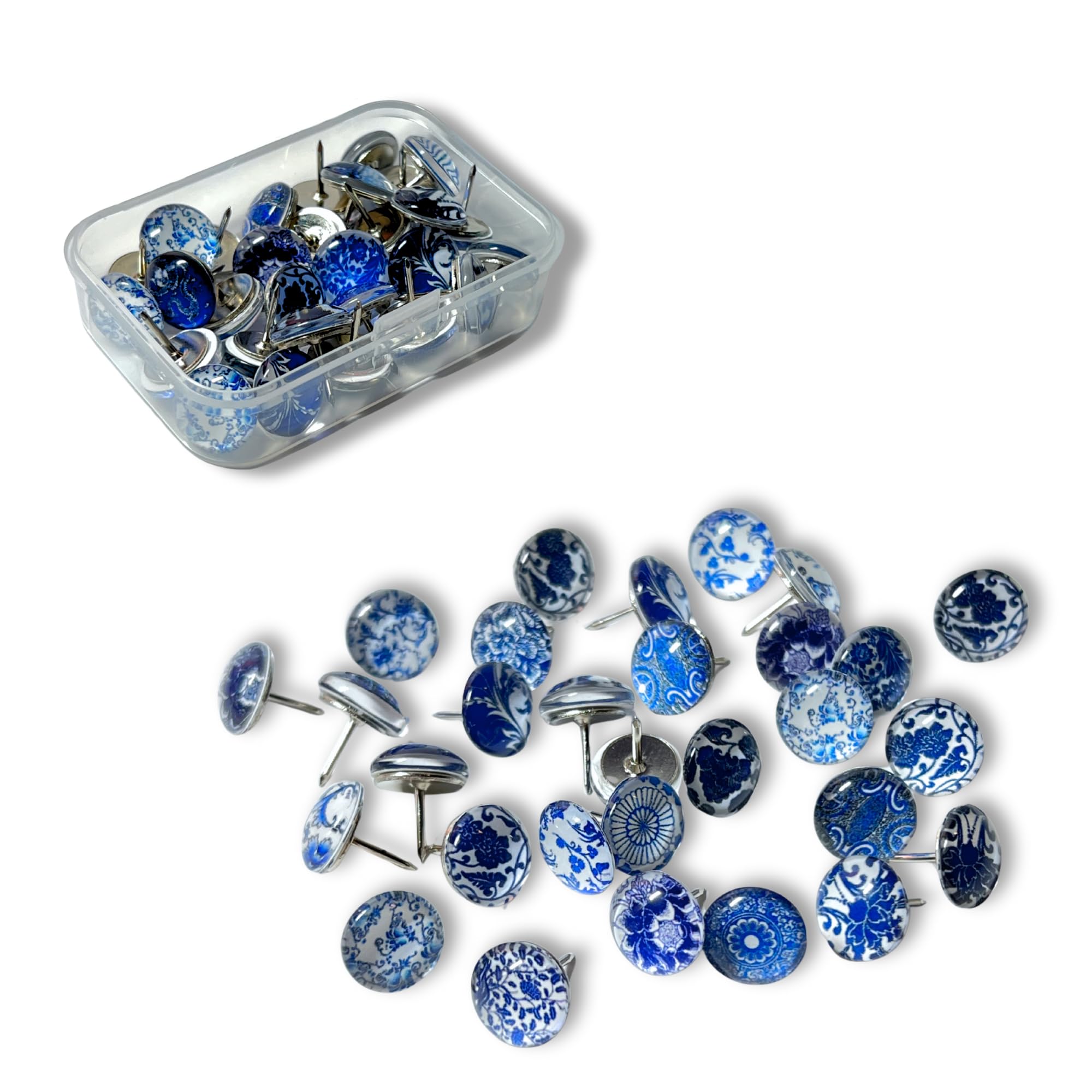Blue White Floral Decorative Push Pins – Chinoiserie Inspired Thumbtacks (15)