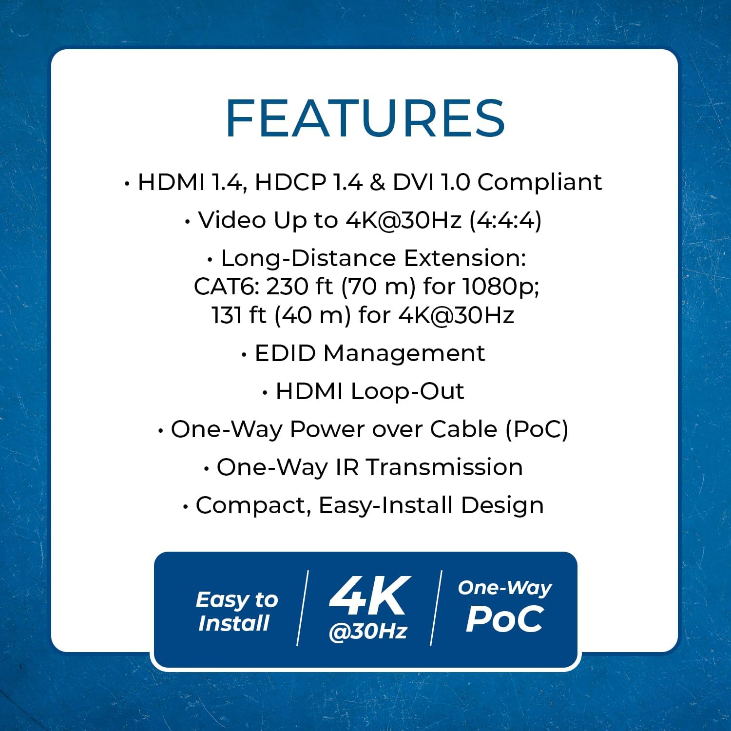 OREI 4K HDMI over Ethernet Extender Over CAT5/CAT6/CAT7, with IR Upto 164 Feet - Loop Out - 4K @ 30Hz 1080P Full HD Signal Distribution (EX-170C)