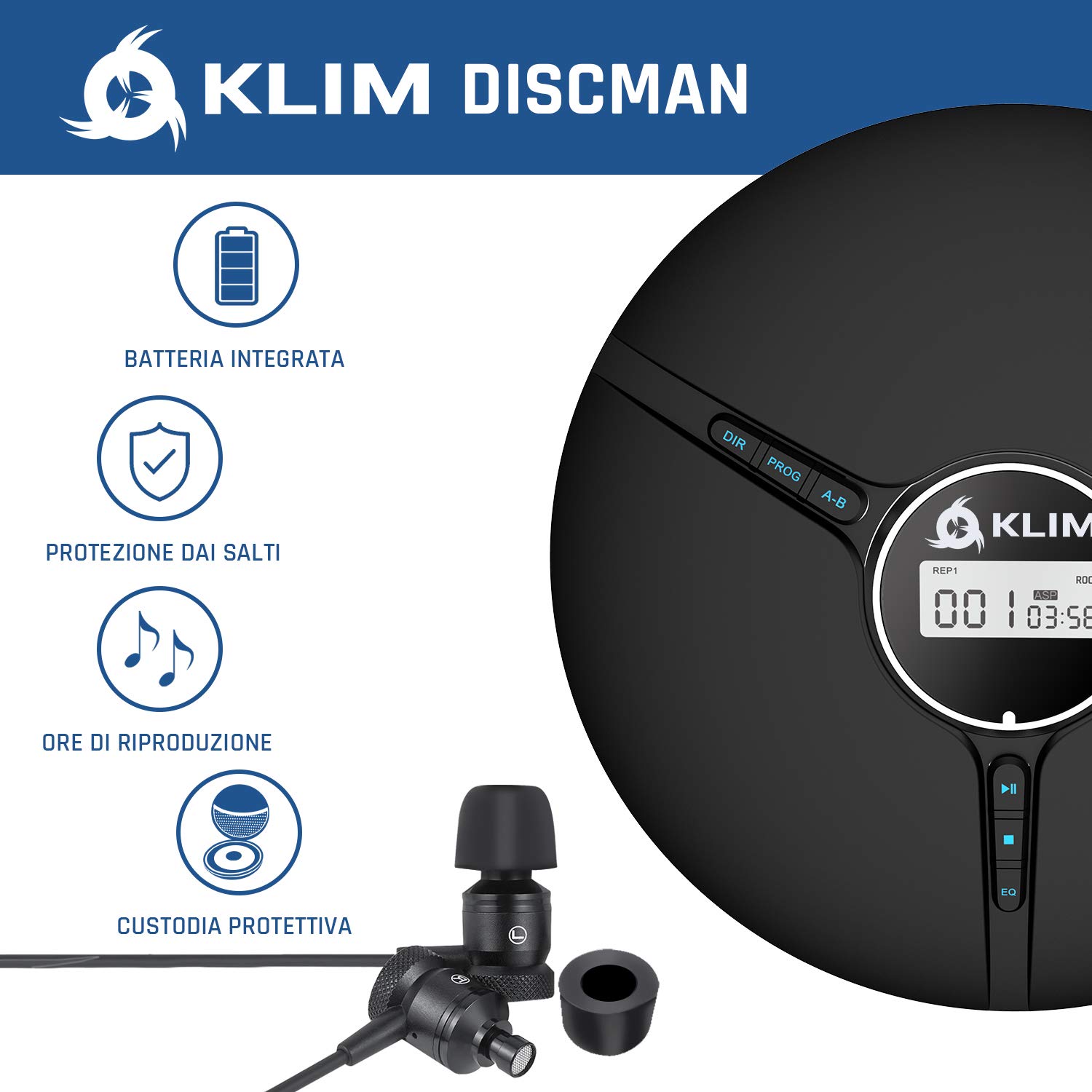 KLIM Discman – Lettore CD portatile con batteria interna ricaricabile + Auricolari KLIM Fusion – compatto, personale, compatibile con CDR, CDRW ed MP3, CD Walkman - NUOVO - Nero