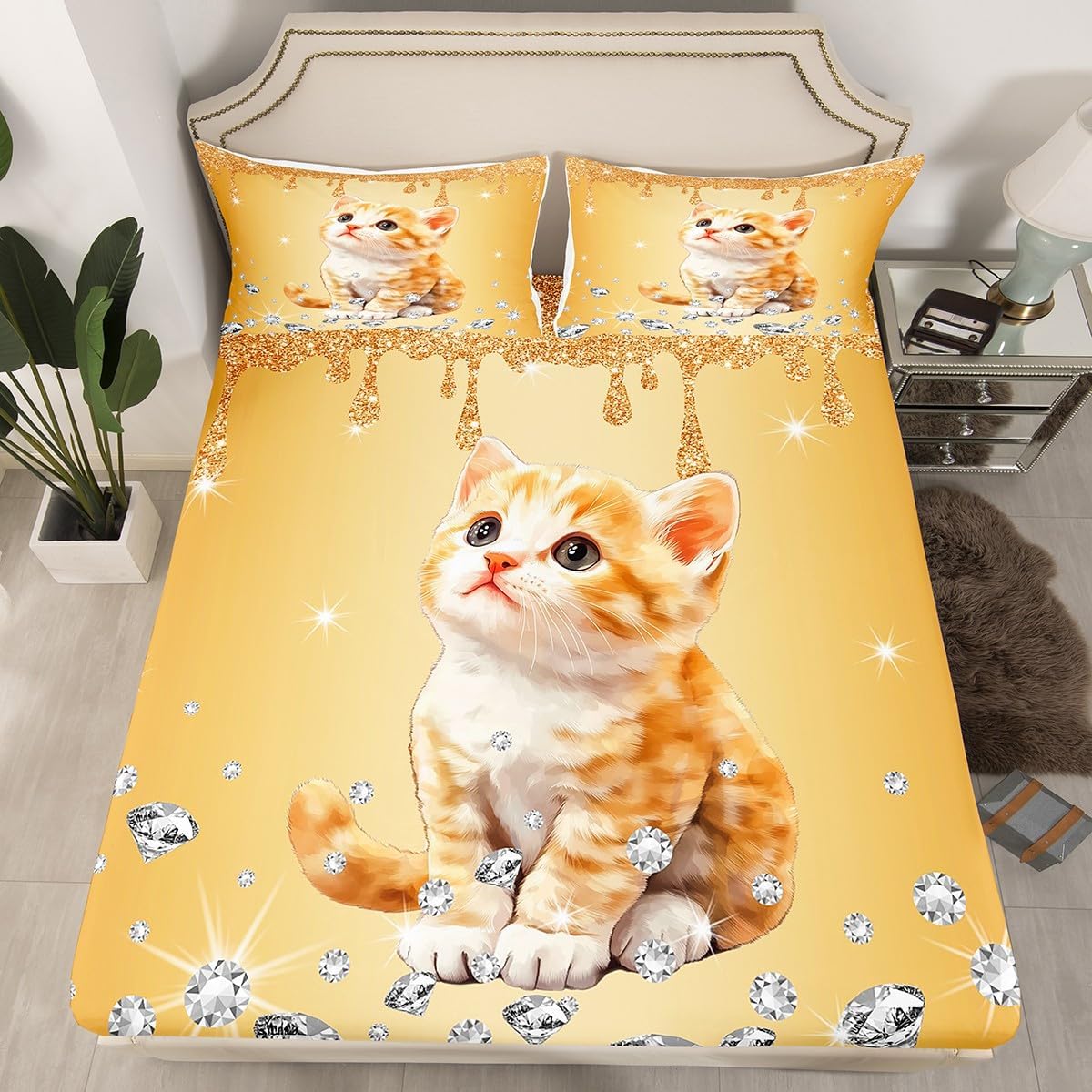 Yellow Sequin Fluid Art Fitted Sheet,Full Size Kawaii Kitten Pet Animals Collections,Cat Bedding Deep Pocket for Children Teens Young with 2 Pillowcases(No Flat Sheet)