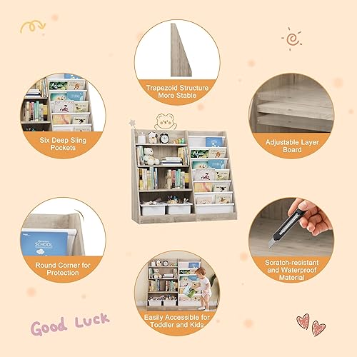 Miniatura 140 de Estantería de madera rosa de 4 niveles para niños, estantería de 5 capas, estante para libros de almacenamiento para bebés, organizador de juguetes