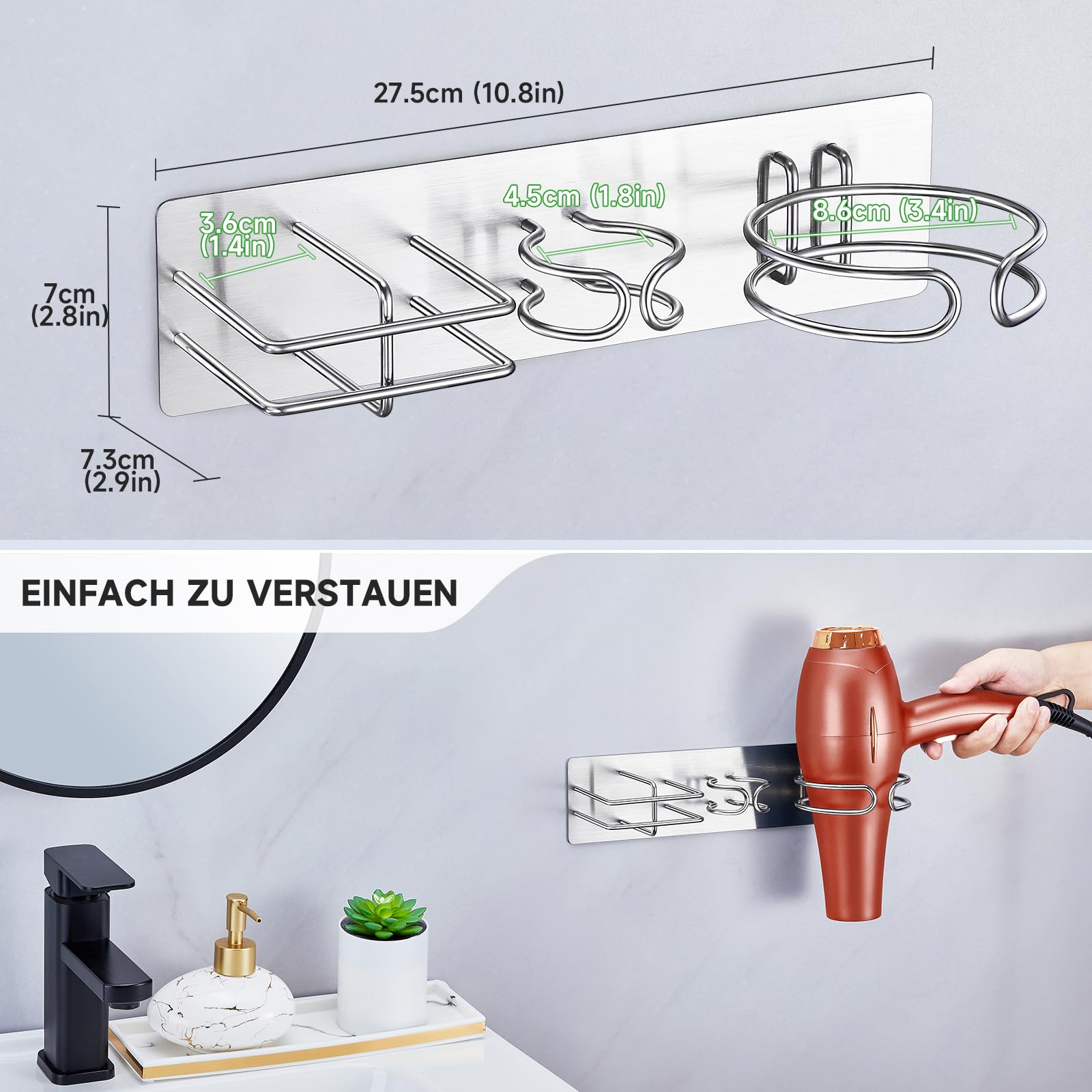 YYBO Porta Phon da Muro, 3 in 1 Supporto per Asciugacapelli, Piastra Capelli, Ferro Arricciacapelli, Metallo Porta Asciugacapelli e Piastra Adesivo (Argento)