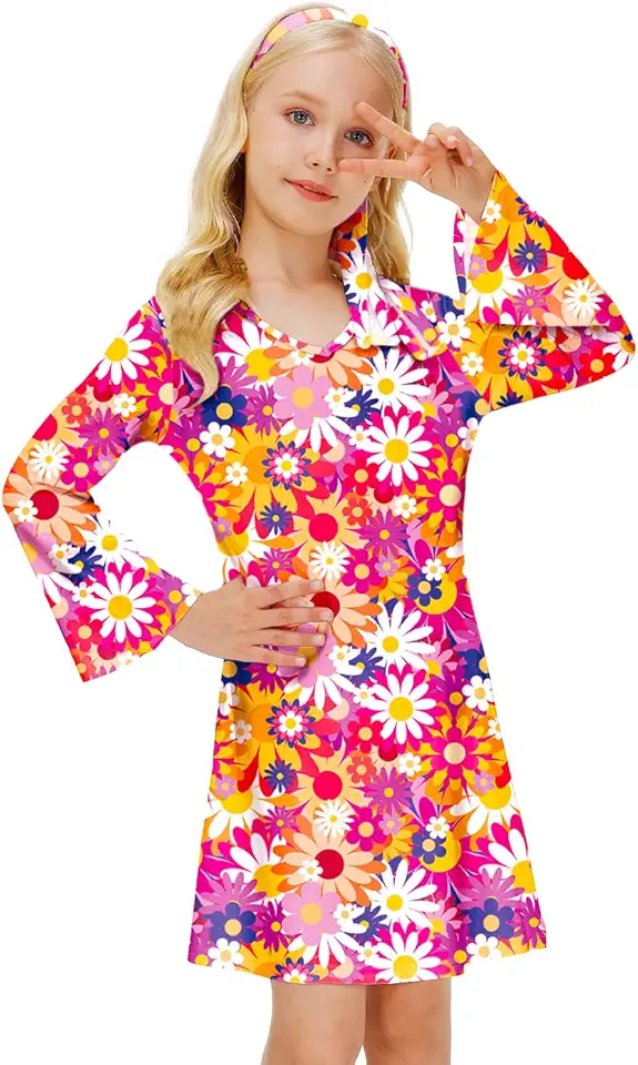 Deerose 60s 70s Hippie Dresses with Headband Groovy Floral Printed Dress 5-14 Years