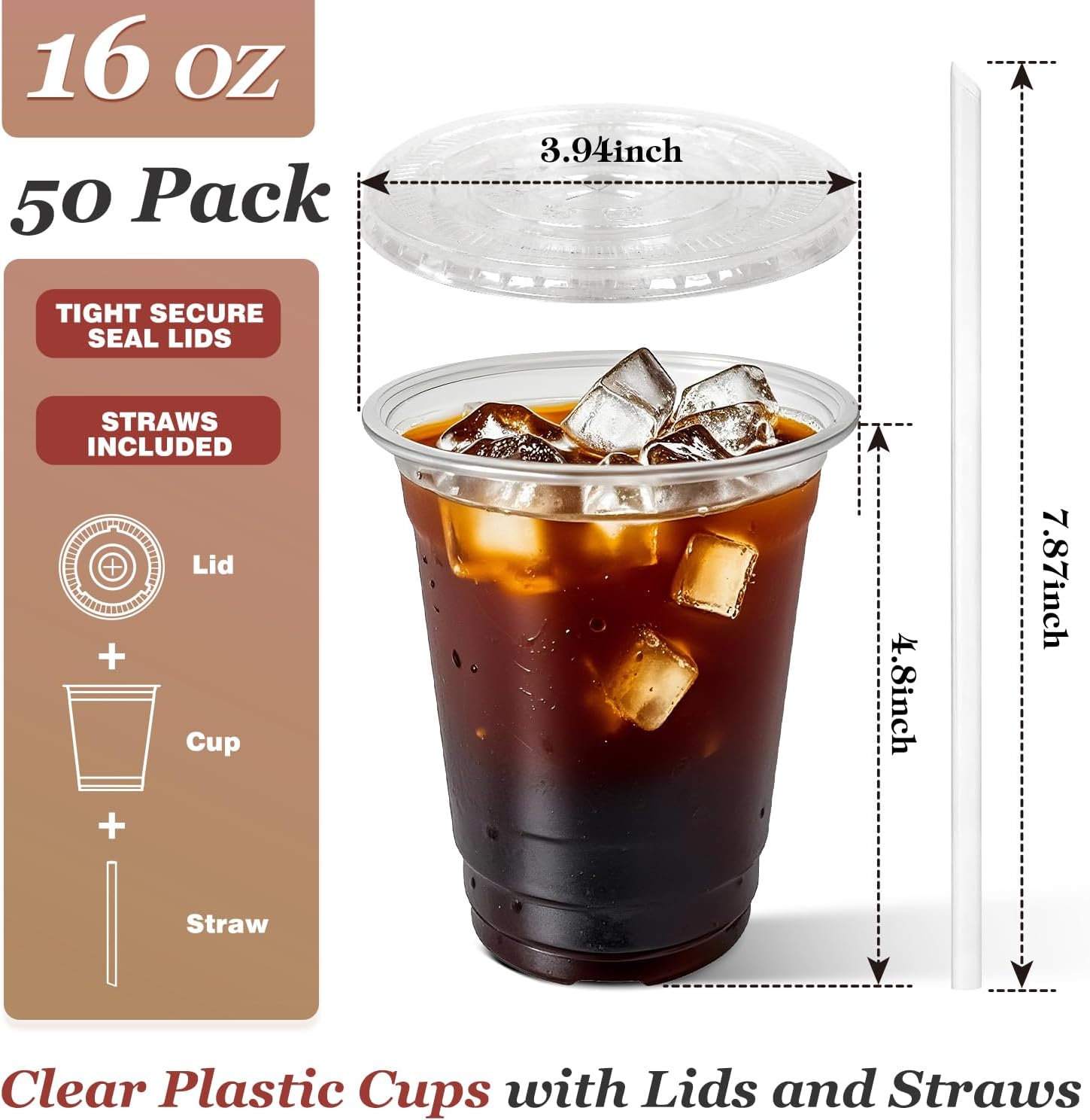 Charmount 50 Sets 16 oz Plastic Cups with Lids and Straws, Disposable Cups for Iced Coffee, Smoothie, Milkshake, Cold Drinks - Clear - Image 2